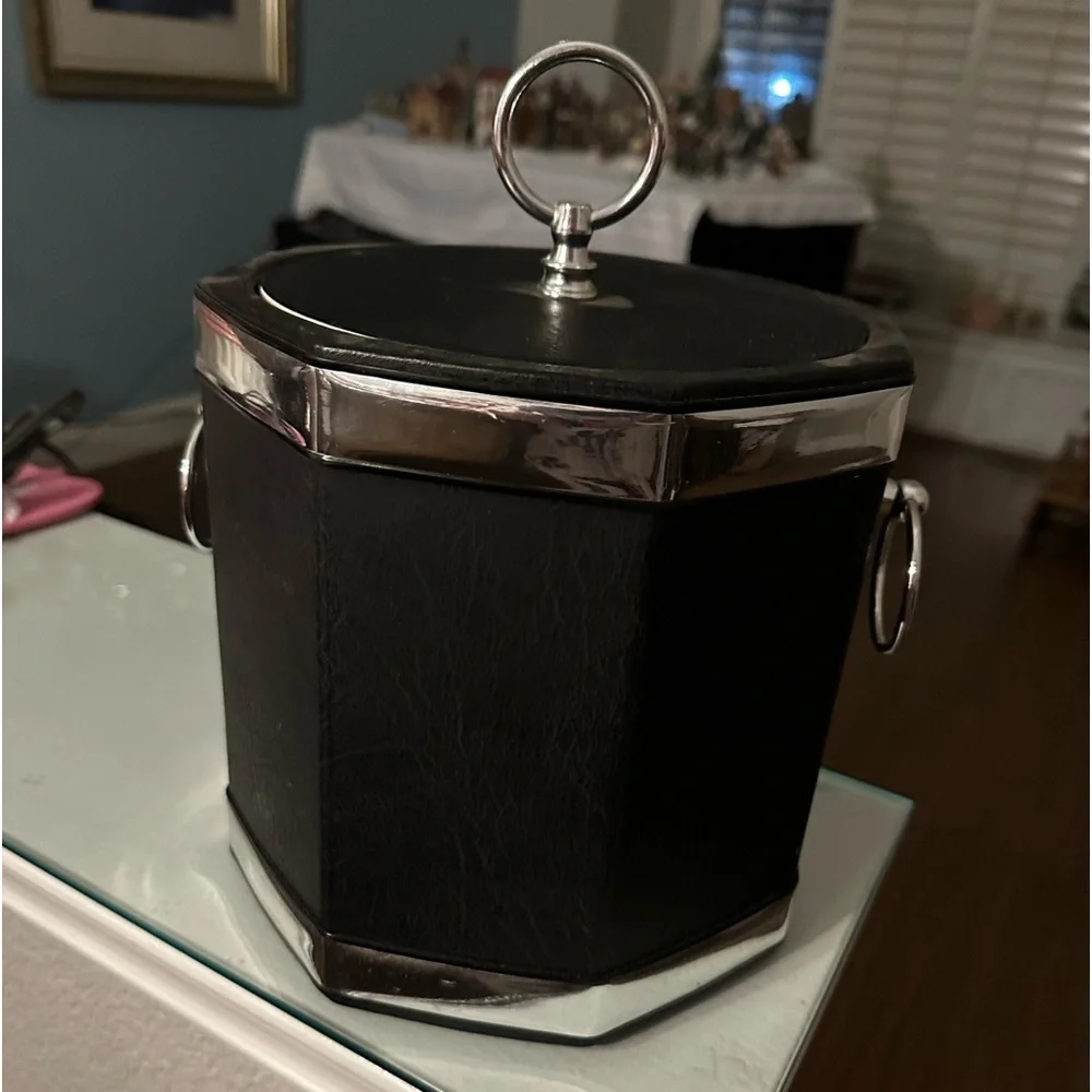 Vintage Faux Black Leather Ice Bucket with Chrome Trim